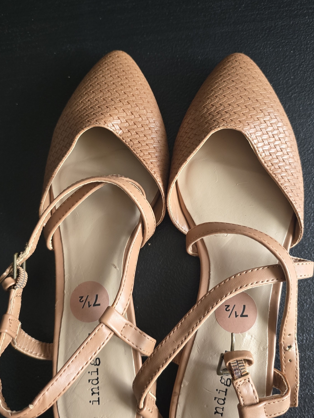 Indigo Peach Woven Pointed-Toe Flats with Ankle Strap